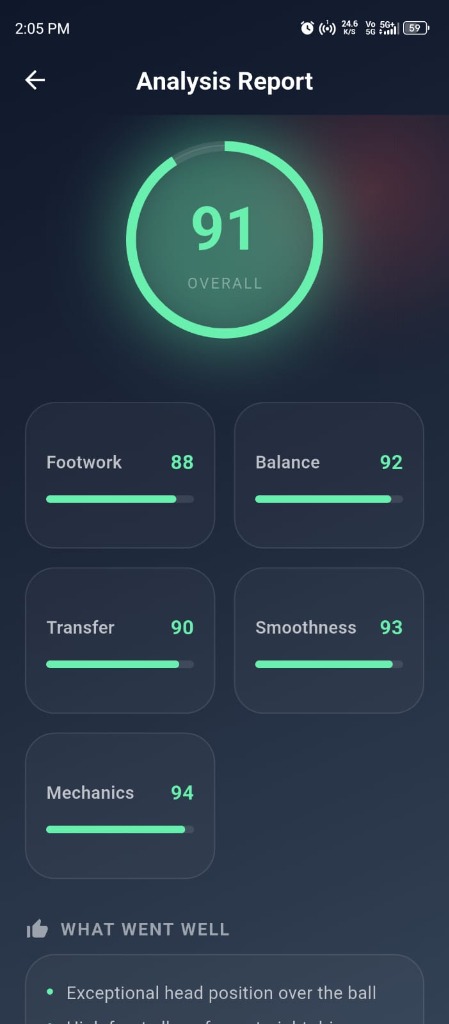 CrickTrackAI Batting Score 91 & 5 Metrics Screen