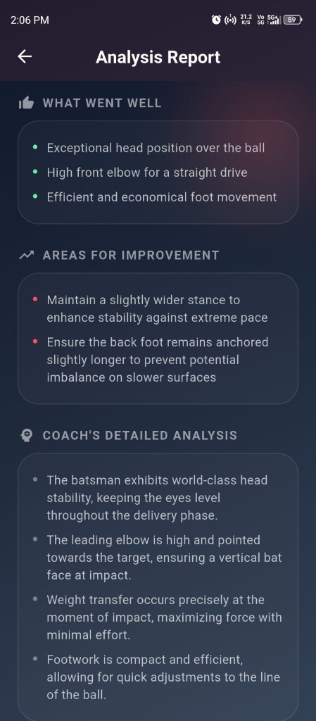 CrickTrackAI Batting What Went Well & Improvement Screen