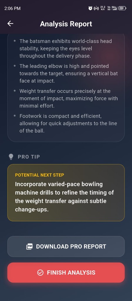 CrickTrackAI Batting Coach Analysis & Pro Tip Screen