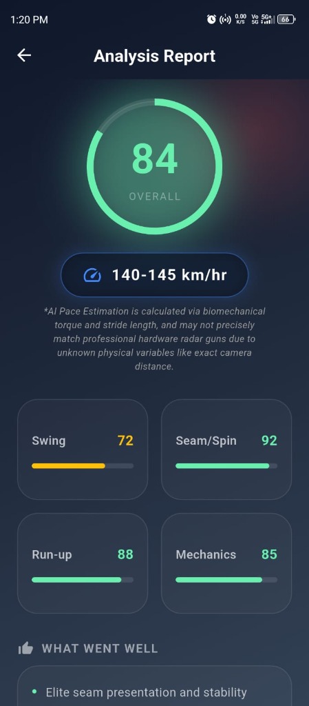 CrickTrackAI Pro Scorecard & Pace Gun Screen
