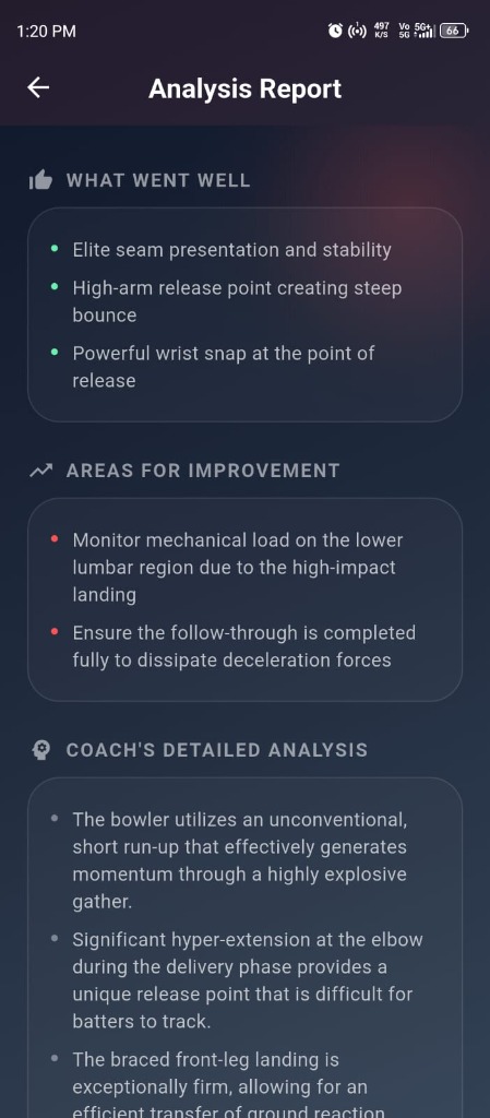 CrickTrackAI Pro What Went Well & Improvement Screen