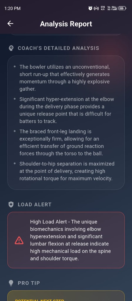 CrickTrackAI Pro Coach Analysis & Load Alert Screen